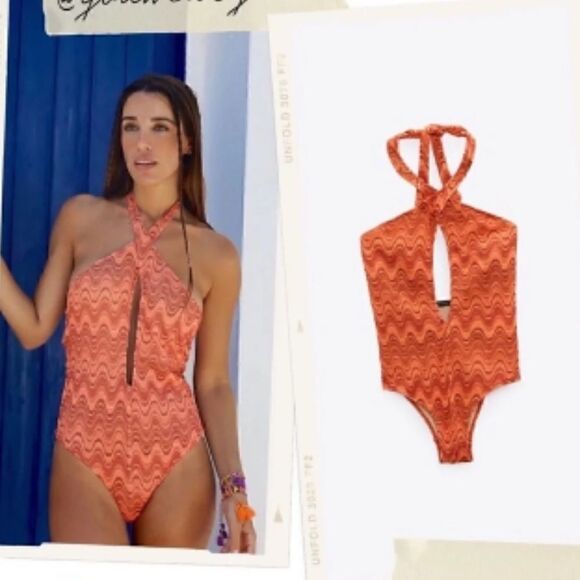 ZARA WAVE PRINT ORANGE HALTER SWIMSUIT SIZE XL - Picture 3 of 5